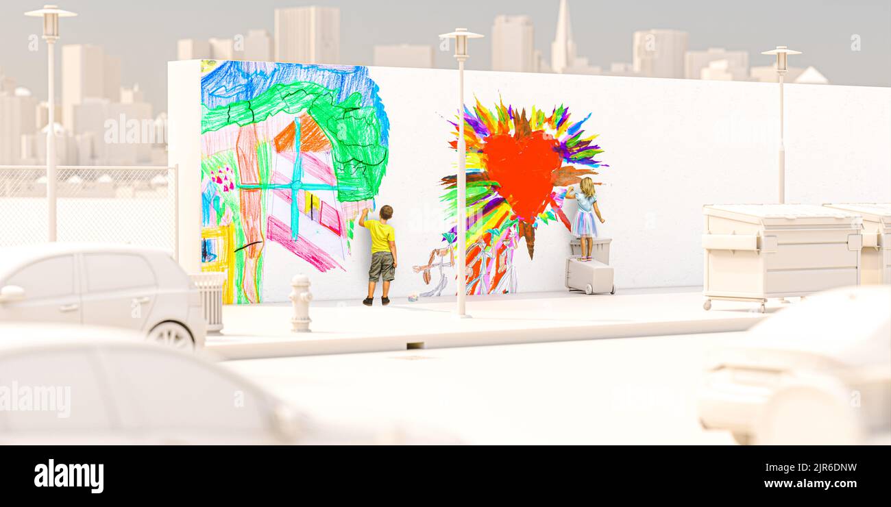 children paint a monochromatic white city wall.concept of joy and imagination. Stock Photo