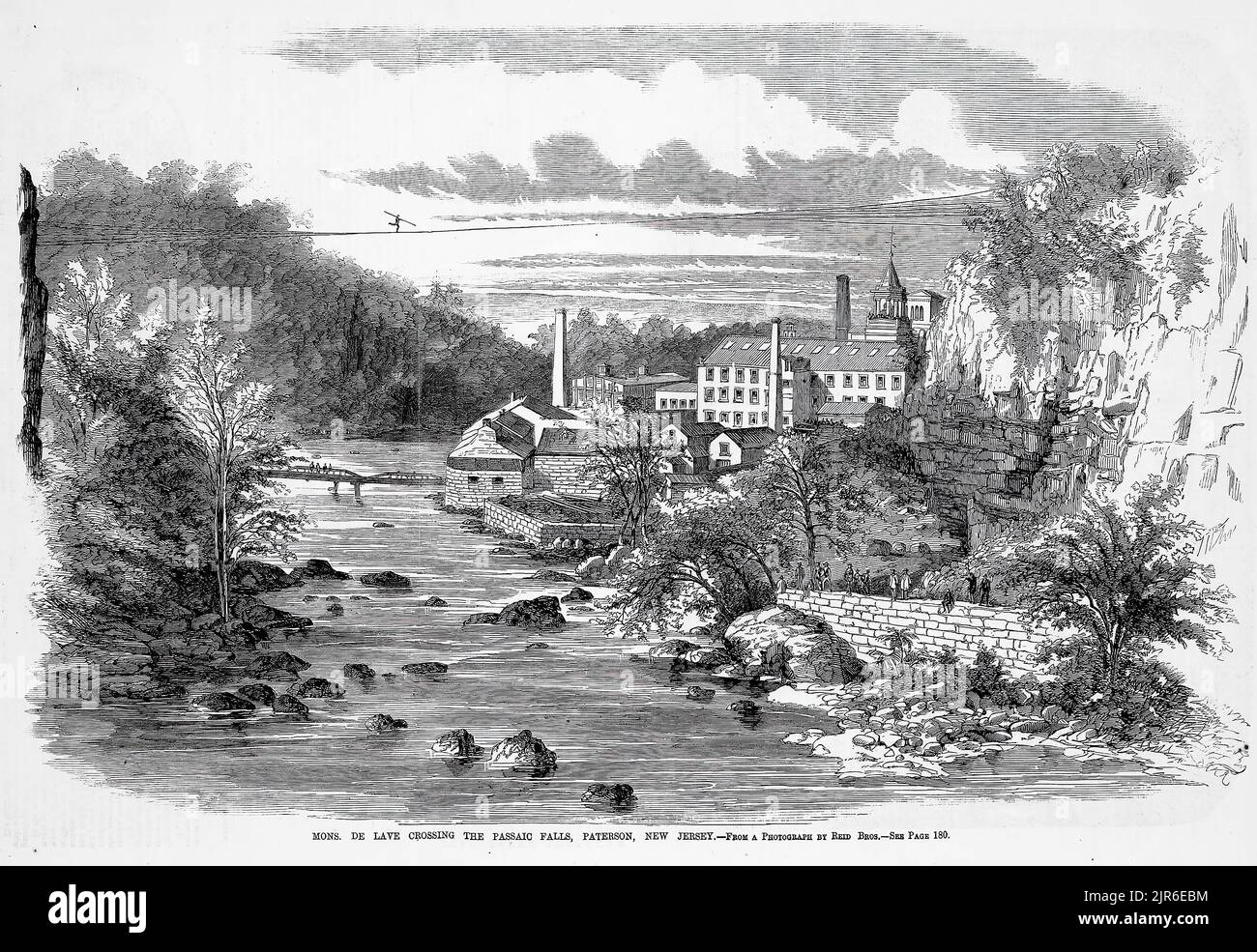 Mons. De Lave crossing the Passaic Falls, Paterson, New Jersey (1860). Great Falls of the Passaic River. 19th century illustration from Frank Leslie's Illustrated Newspaper Stock Photo