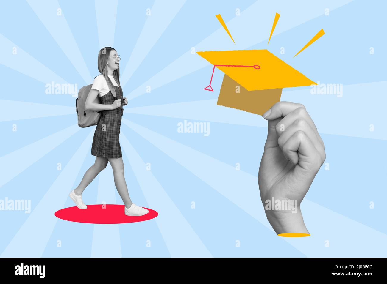 Surreal graphics collage of teen school lady step forward winning ...