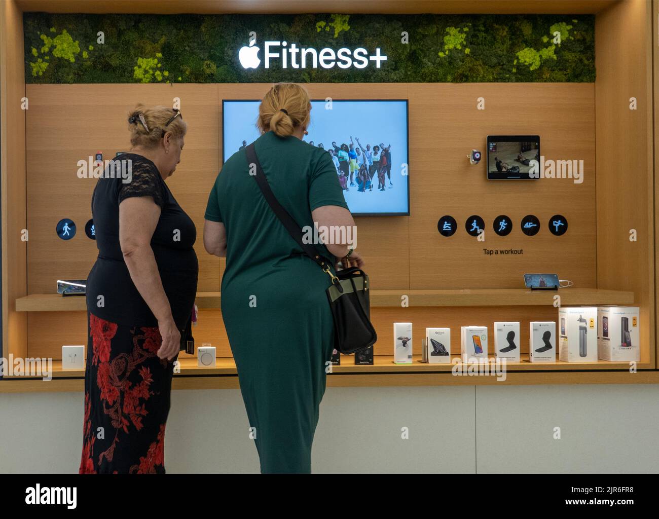 overweight women looking at Apple fitness exercise programs at the Apple store in Westfield mall in Manhattan NYC Stock Photo