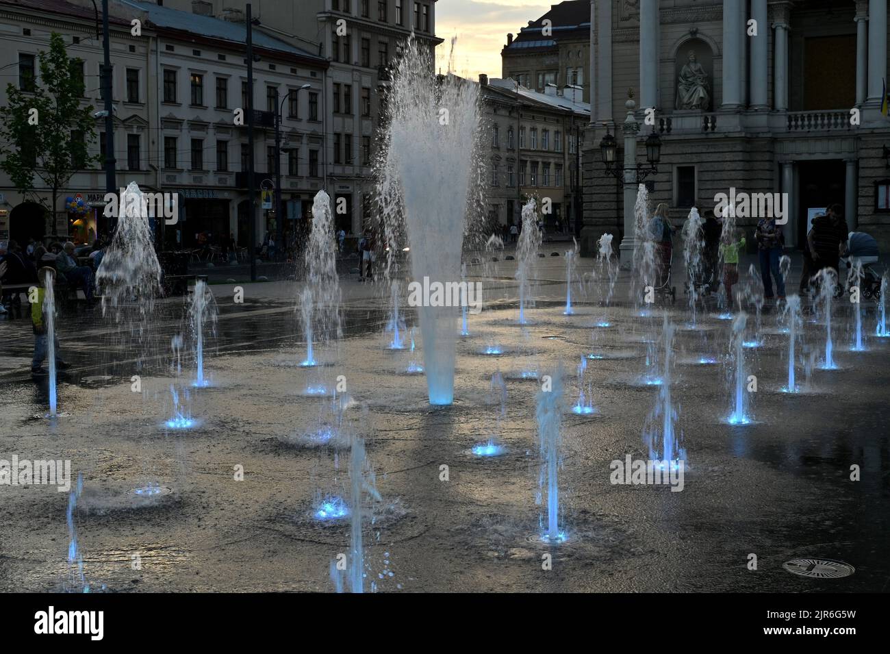 LVIV, UKRAINE - AUGUST 1, 2022 - The dry fountain is pictured outside the Solomiya Krushelnytska Lviv National Academic Opera and Ballet Theatre (Lviv Stock Photo