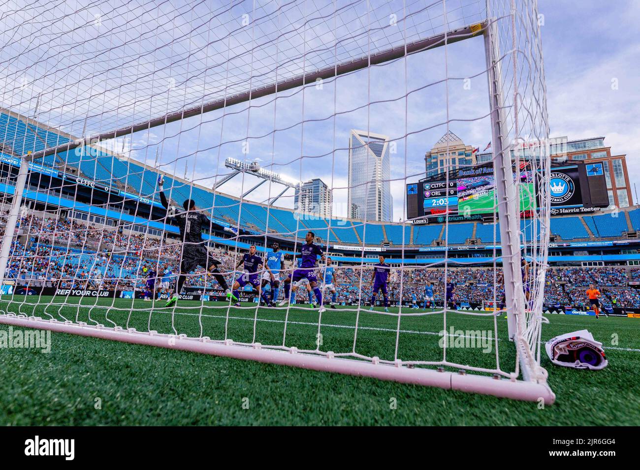 August 21, 2022: Orlando City goalkeeper Pedro Gallese (1) blocks this shot during the first half against the Charlotte FC in the Major League Soccer match up at Bank of America Stadium in Charlotte, NC. (Scott Kinser) Stock Photo