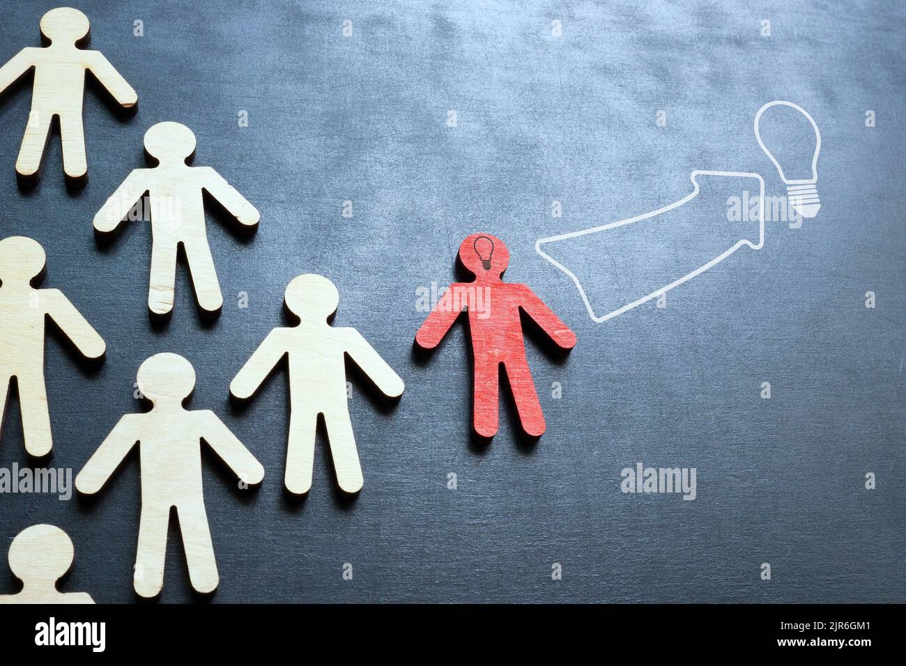 Figures with a leader leading to an idea. Leadership ideas. Stock Photo