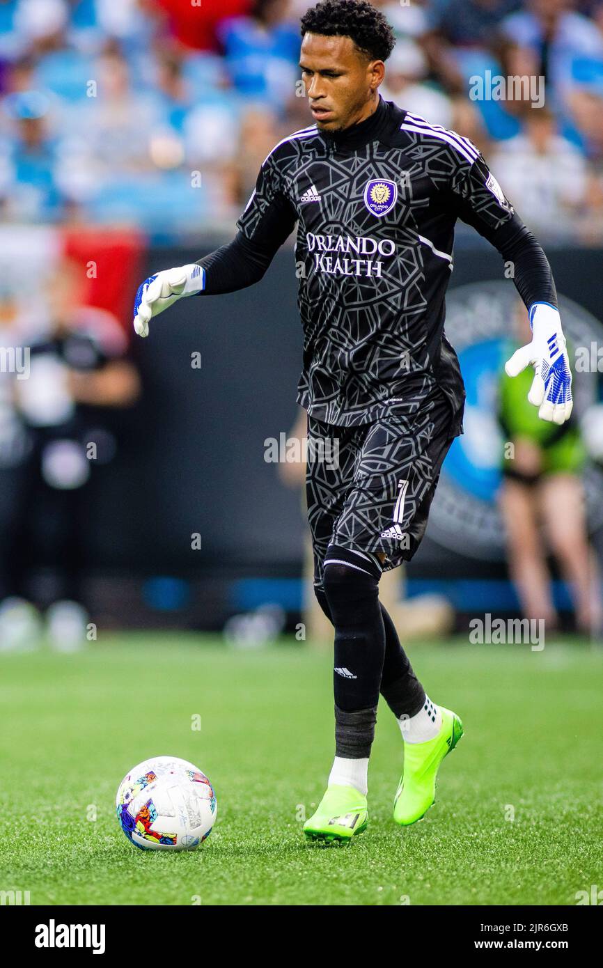 August 21, 2022: Orlando City goalkeeper Pedro Gallese (1) during the first half against the Charlotte FC in the Major League Soccer match up at Bank of America Stadium in Charlotte, NC. (Scott Kinser) Stock Photo