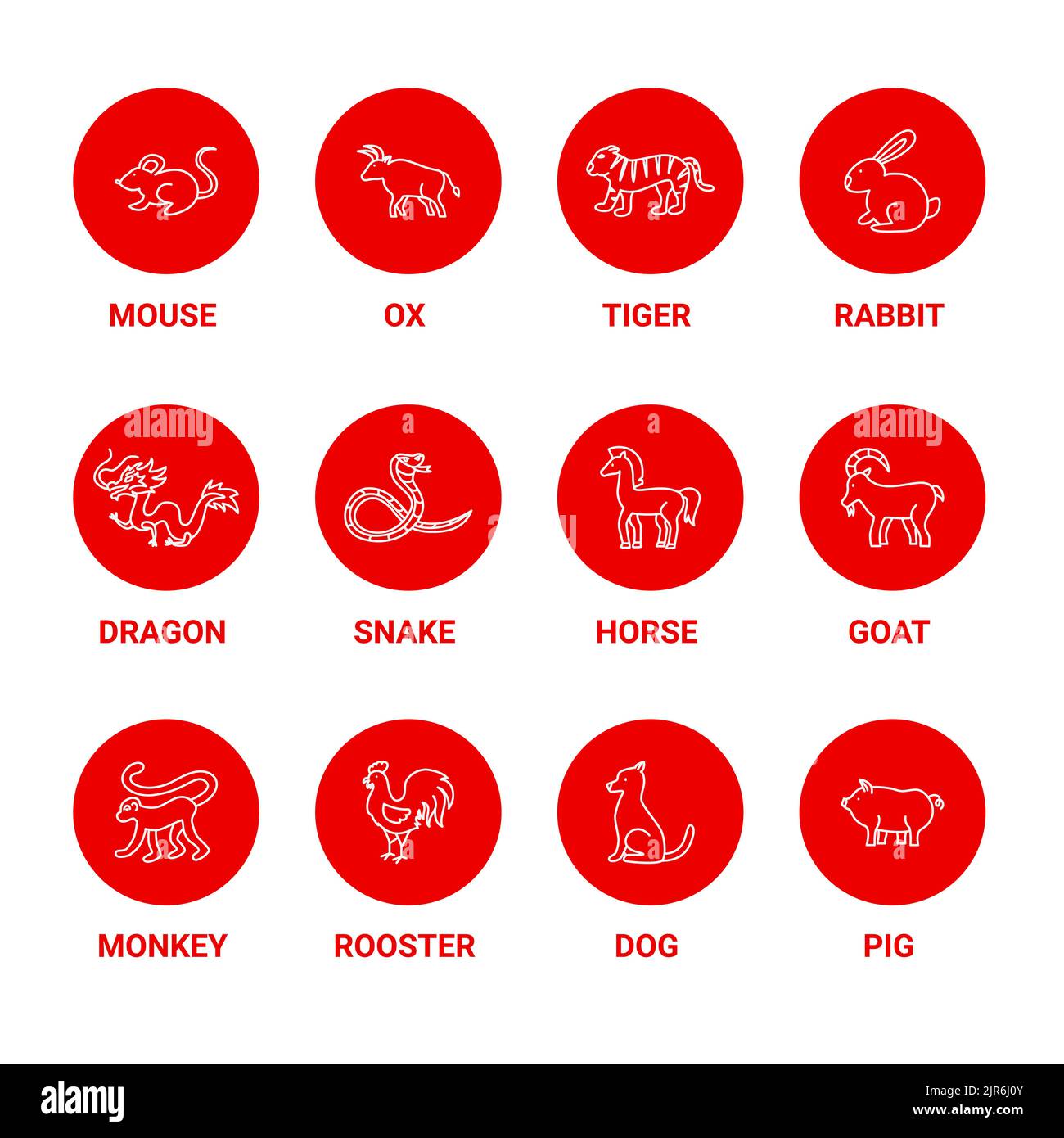 Chinese Zodiac Circles Icons Set Stock Vector