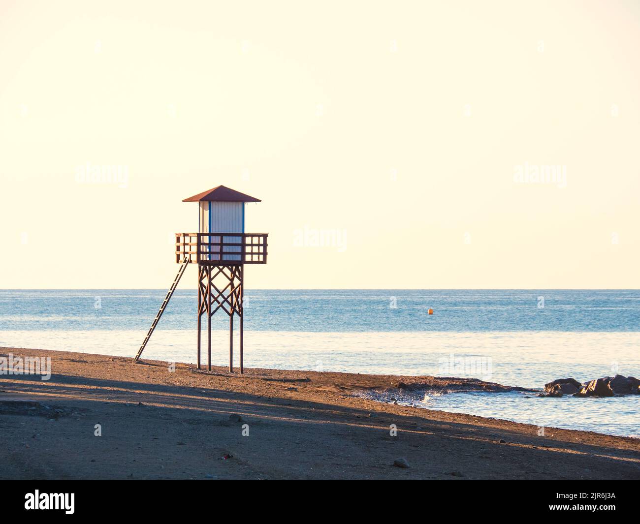 Wooden watchtower on the Malaga coastline Stock Photo
