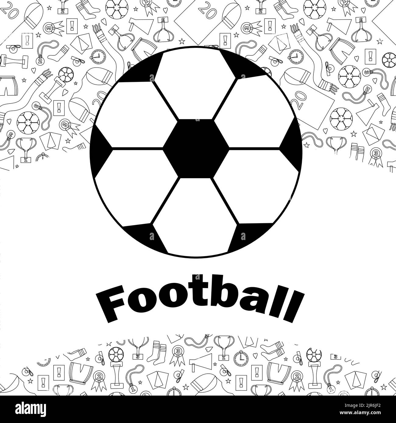 Greeting card or invitation with soccer ball. Background from doodle in the background. Text. Flat illustration. Stock Vector