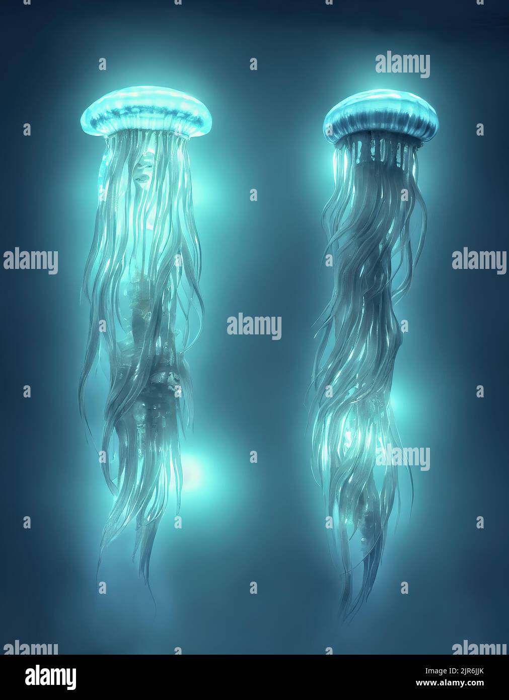 3d rendering of fantasy glowing two jellyfish in deep sea waters Stock Photo