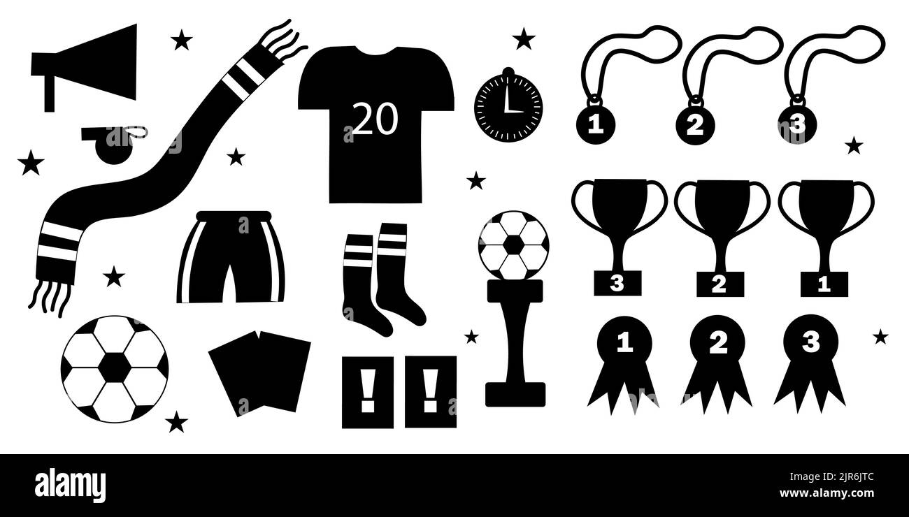 Set of doodle items for playing football, isolated on white background. Elements of icons for the sports game of football. Hand drawing of doodles. Stock Vector