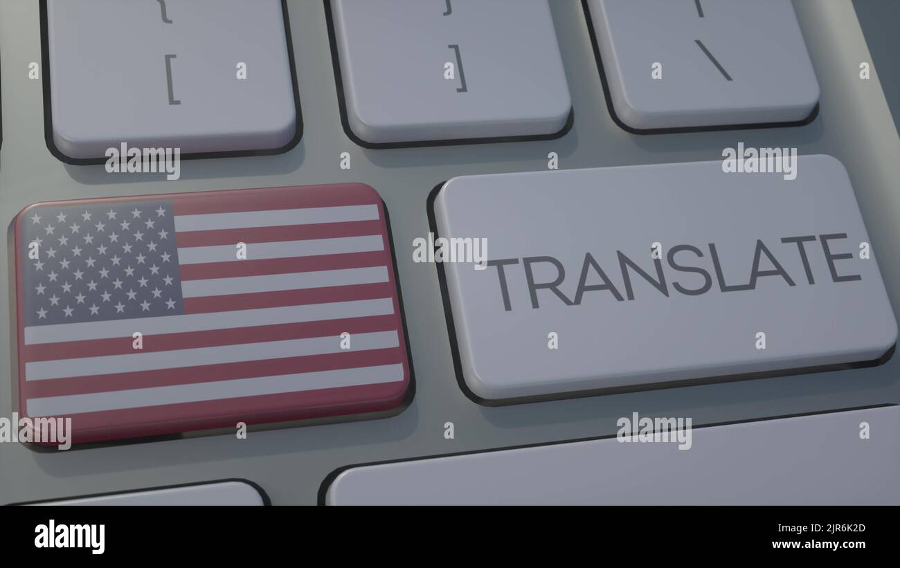 Translate concept on keyboard with USA flag. USA flag button on