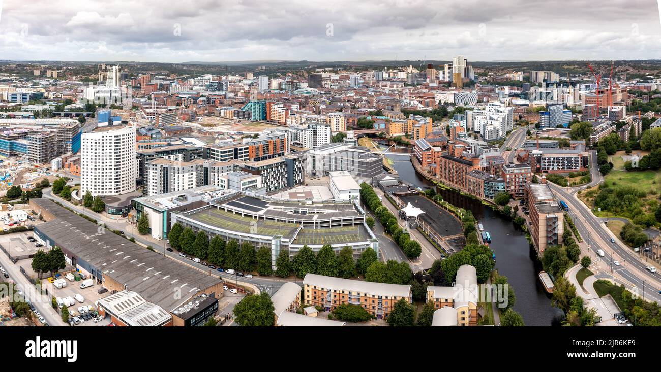 LEEDS, UK - AUGUST 19, 2022.  An aerial panorama cityscape of Leeds Dock area of the city centre with luxury waterfront properties at Roberts Wharf Stock Photo