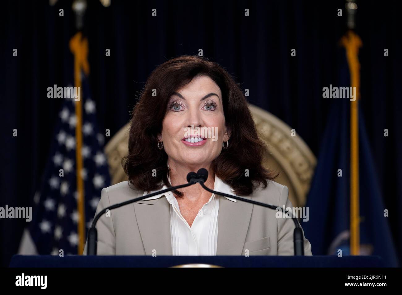 New York City, USA. 22nd Aug, 2022. New York State Governor Kathy Hochul speaks during a health department press briefing in Midtown on August 22, 2022 in New York City, USA. Governor Hochul reiterated COVID-19 Federal CDC guidelines for schools while the NYS Health commissioner outlined necessary steps to combatting Monkeypox and the resurgence of Polio. ( Photo by John Lamparski/Sipa USA) Credit: Sipa USA/Alamy Live News Stock Photo