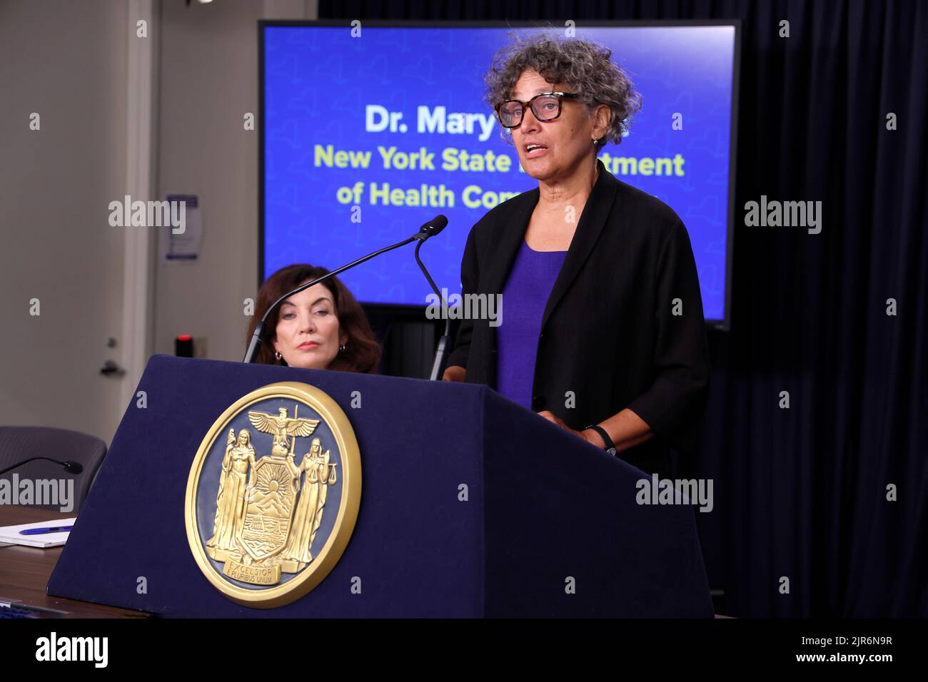 New York City, USA. 22nd Aug, 2022. Mary Bassett, commissioner of the New York State Department of Health, speaks during a health department press briefing in Midtown on August 22, 2022 in New York City, USA. Governor Hochul reiterated COVID-19 Federal CDC guidelines for schools while the NYS Health commissioner outlined necessary steps to combatting Monkeypox and the resurgence of Polio. ( Photo by John Lamparski/Sipa USA) Credit: Sipa USA/Alamy Live News Stock Photo