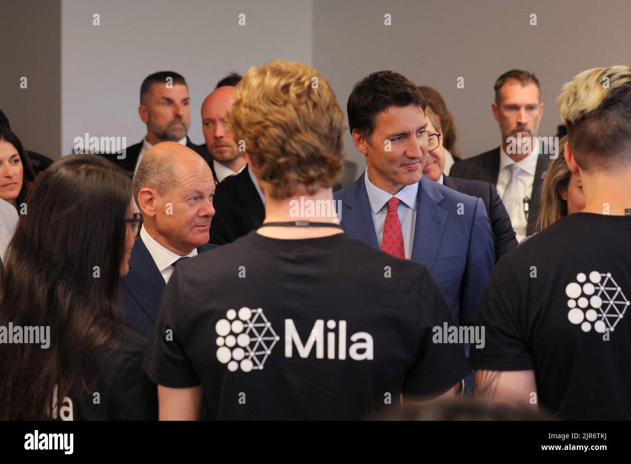 Germany's Chancellor Olaf Scholz tours Mila - Quebec Artificial Intelligence Institute with Canada's Prime Minister Justin Trudeau in Montreal, Quebec, Canada August 22, 2022.  REUTERS/Christinne Muschi Stock Photo