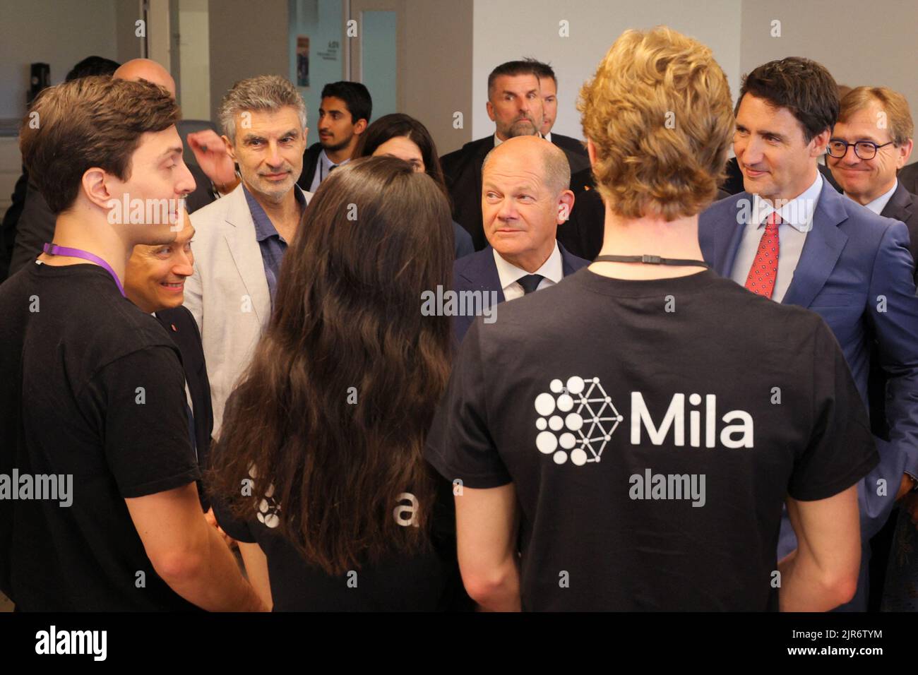 Germany's Chancellor Olaf Scholz tours Mila - Quebec Artificial Intelligence Institute with Canada's Prime Minister Justin Trudeau in Montreal, Quebec, Canada August 22, 2022.  REUTERS/Christinne Muschi Stock Photo