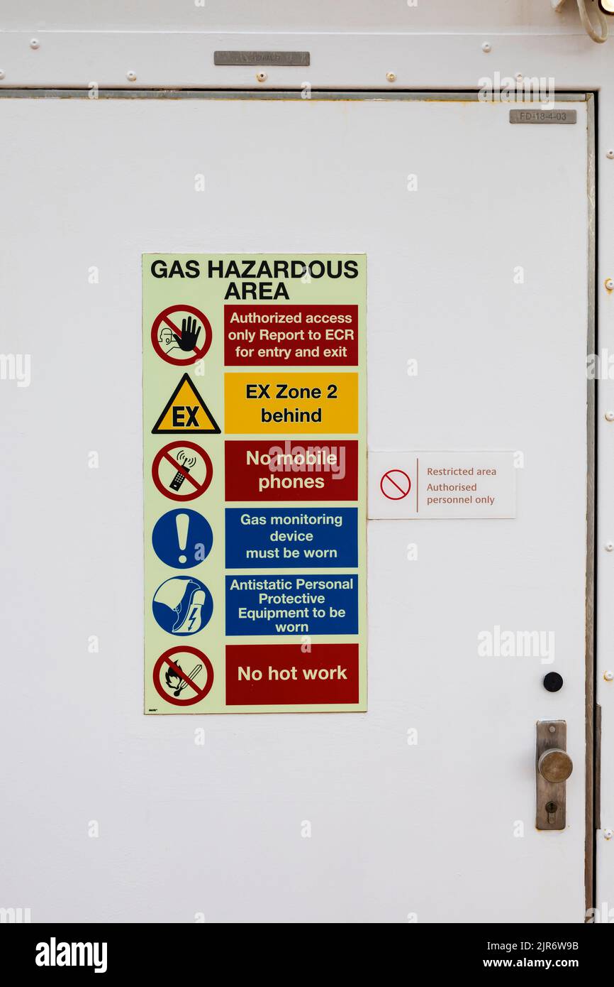 Gas hazardous area sign with multiple warning and prohibitions. MS Iona. Stock Photo