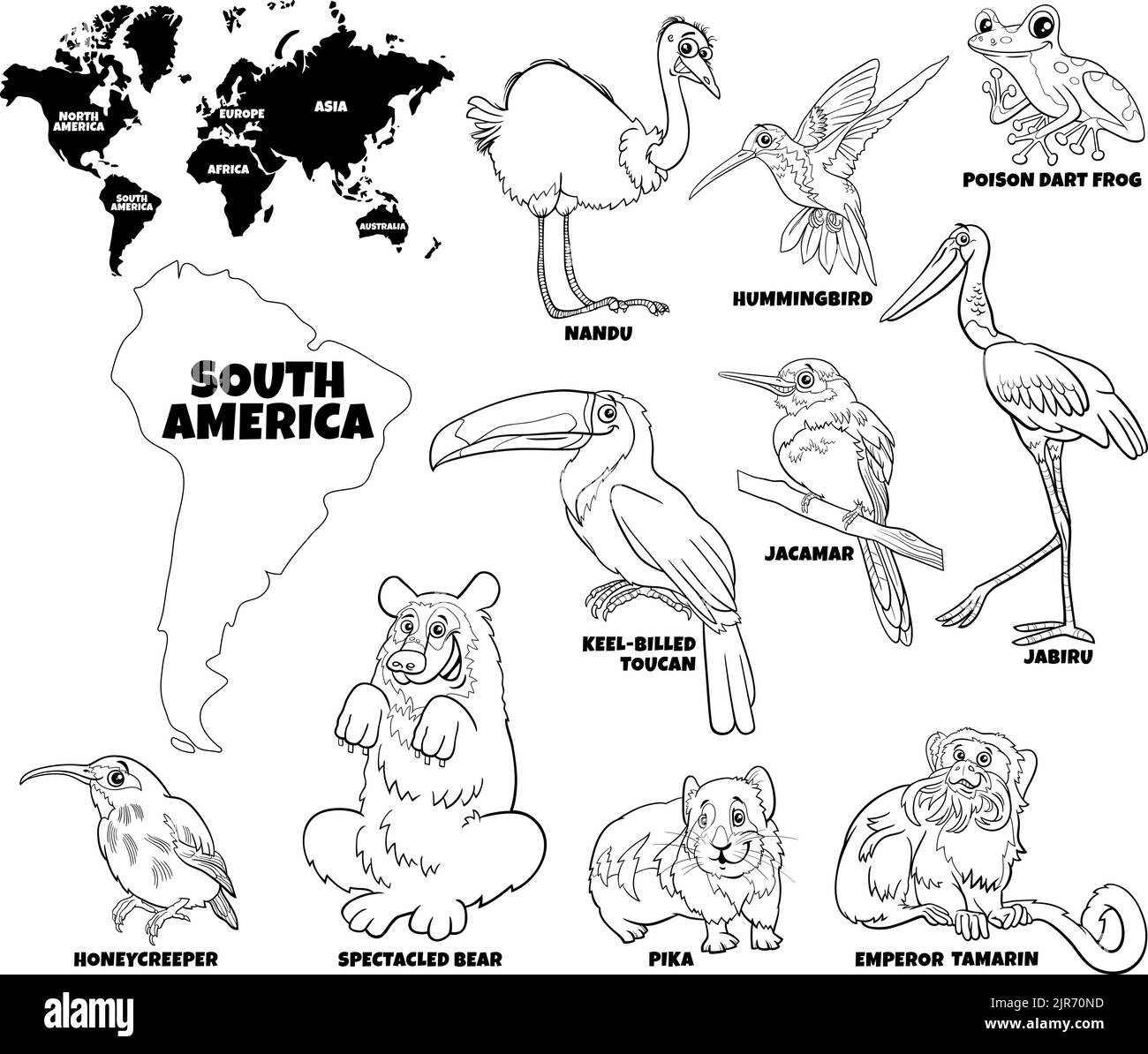 Black and white educational cartoon illustration of South American