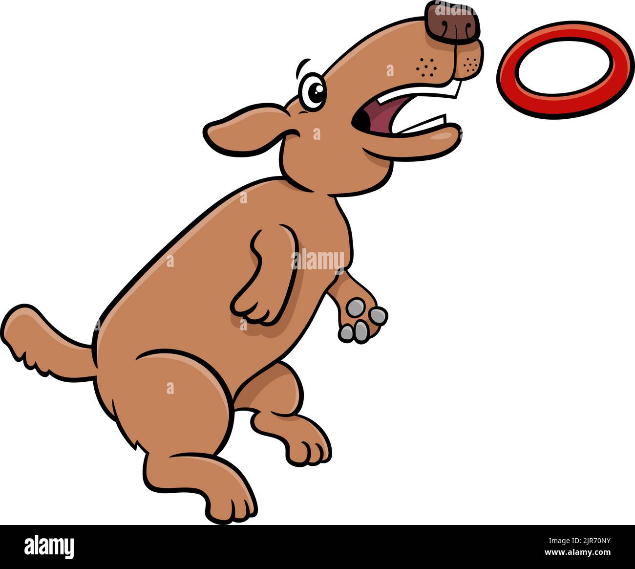 Cartoon illustration of funny dog jumping and catching a ring toss toy Stock Vector