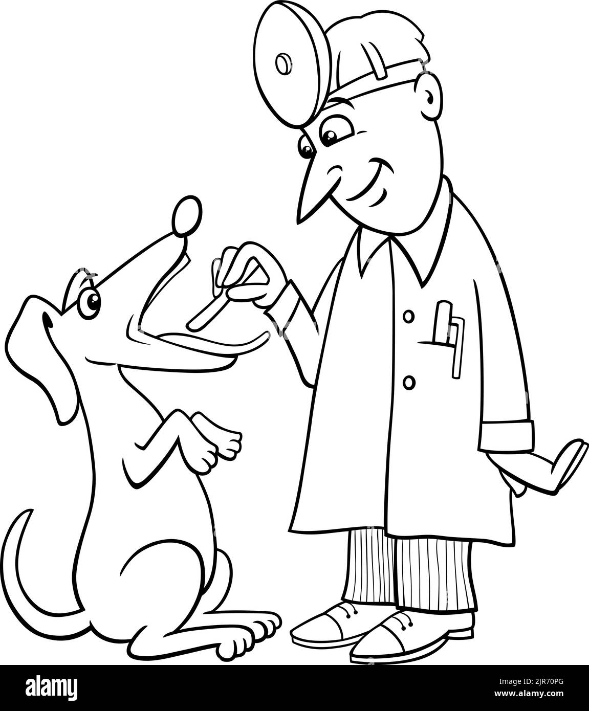 Black and white cartoon illustration of funny dog at the vet having throat exam coloring page Stock Vector