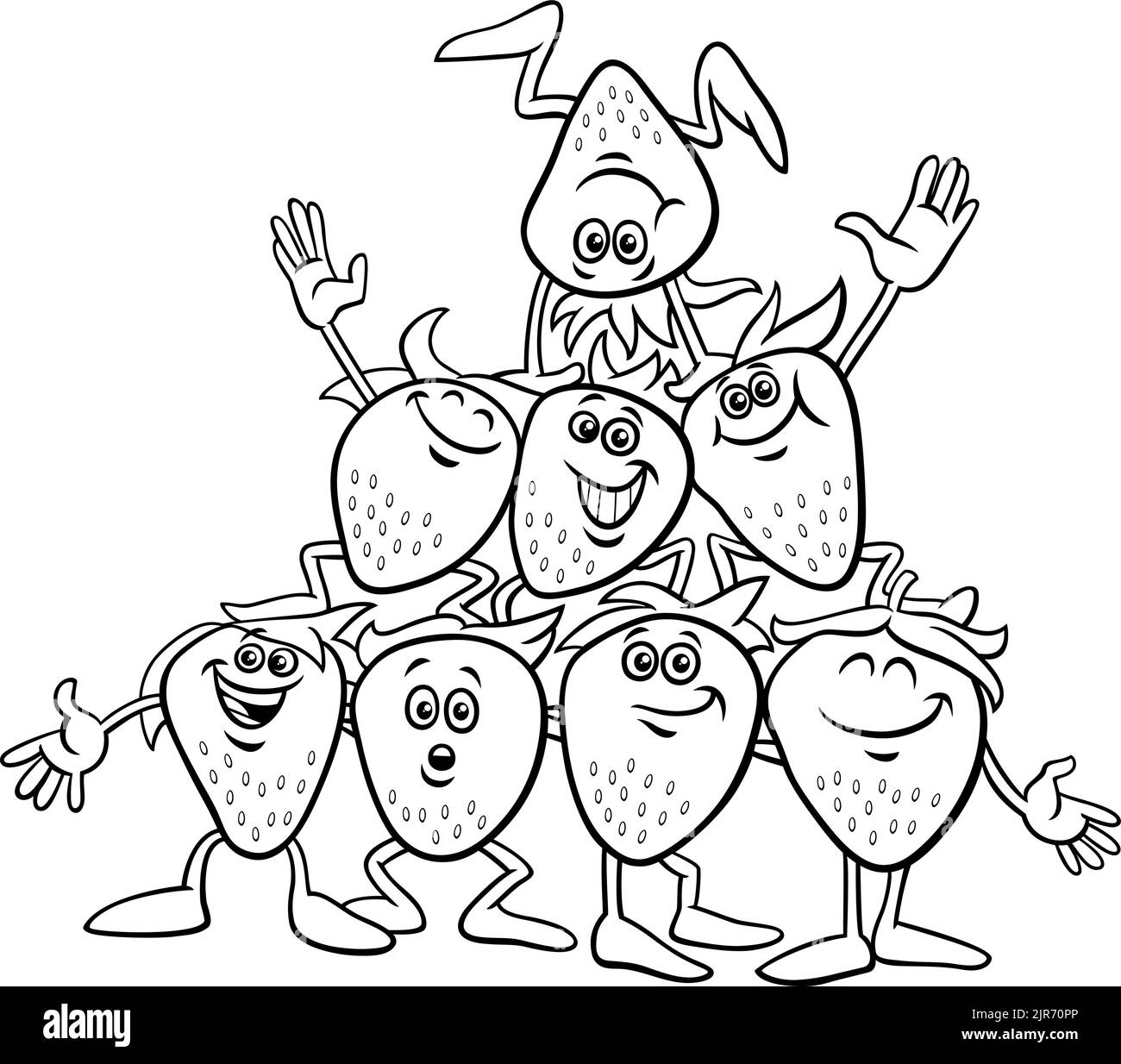 Black and white cartoon illustration of happy strawberries or wild strawberries comic characters group coloring page Stock Vector