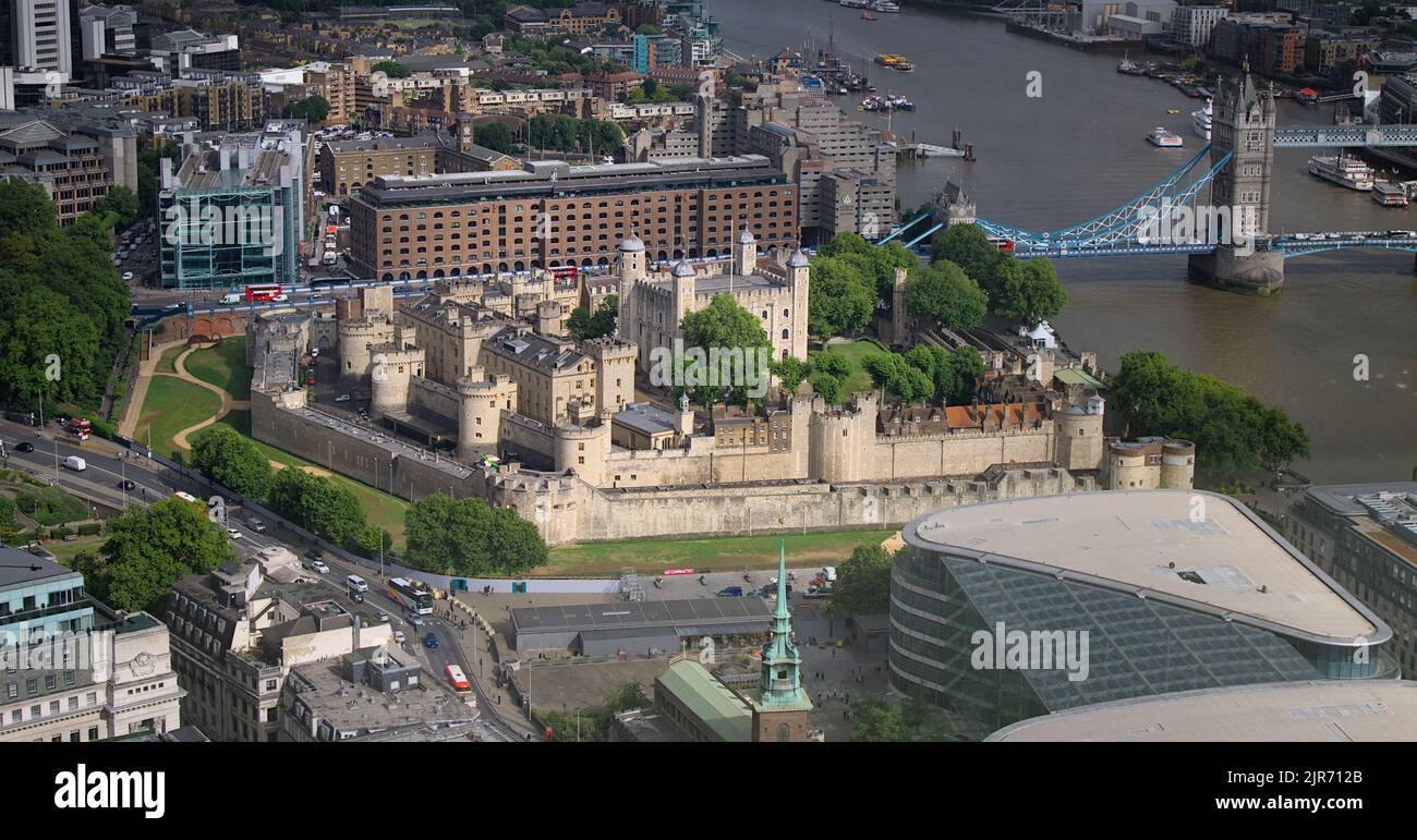 All Of The Tower Of London Castle Viewed From Above Lit By The Evening Sun, London UK Stock Photo