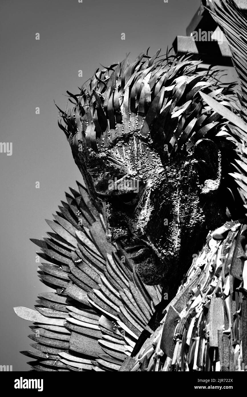 Black & White image of the thought provoking ‘Knife Angel’, made of 100,000 weapons removed from the streets of Britain, sculpted by Alfie Bradley. Stock Photo
