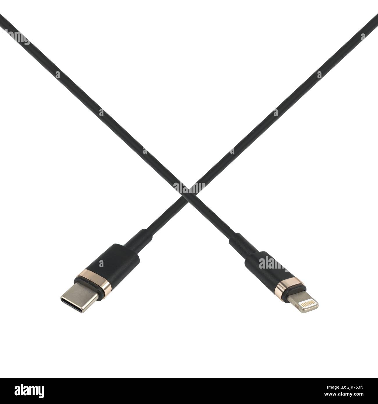 cable with Type-C and Lightning connector, on white background Stock Photo