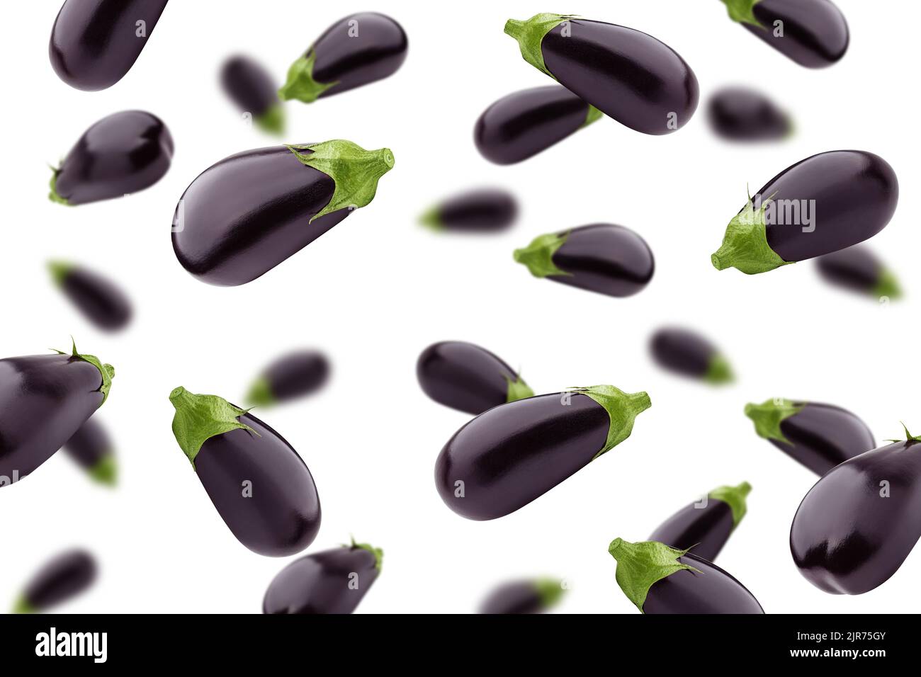 Falling eggplant isolated on white background, selective focus Stock