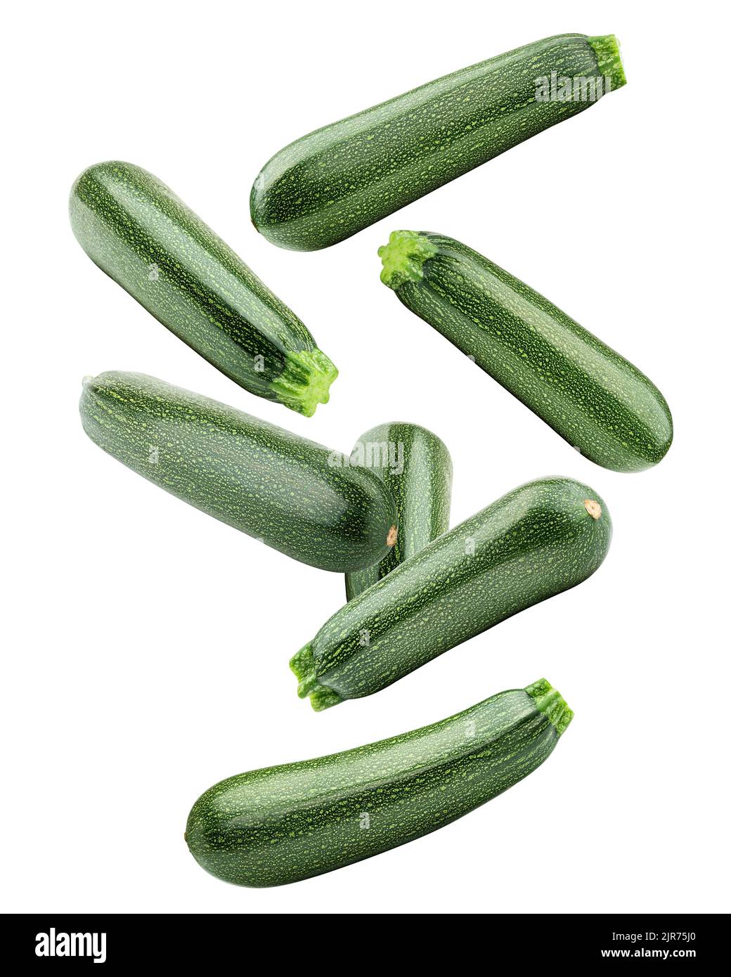 Falling zucchini isolated on white background, clipping path, full depth of field Stock Photo