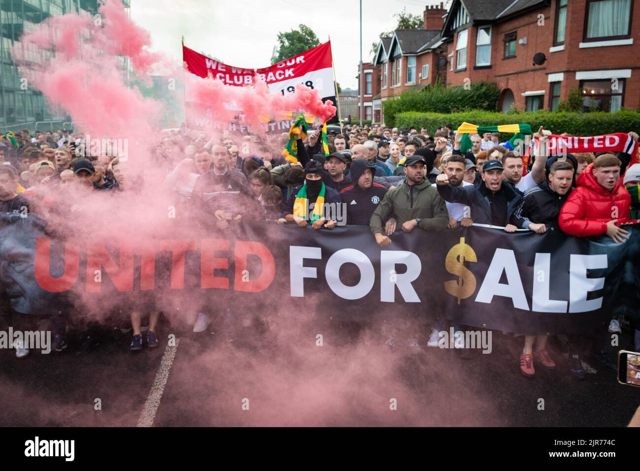 Manchester, UK. 22nd Aug, 2022. Man United fans march to Old Trafford ahead of their game against Liverpool. The protests continue against the Glazers ownership of the club. Credit: Andy Barton/Alamy Live News Stock Photo
