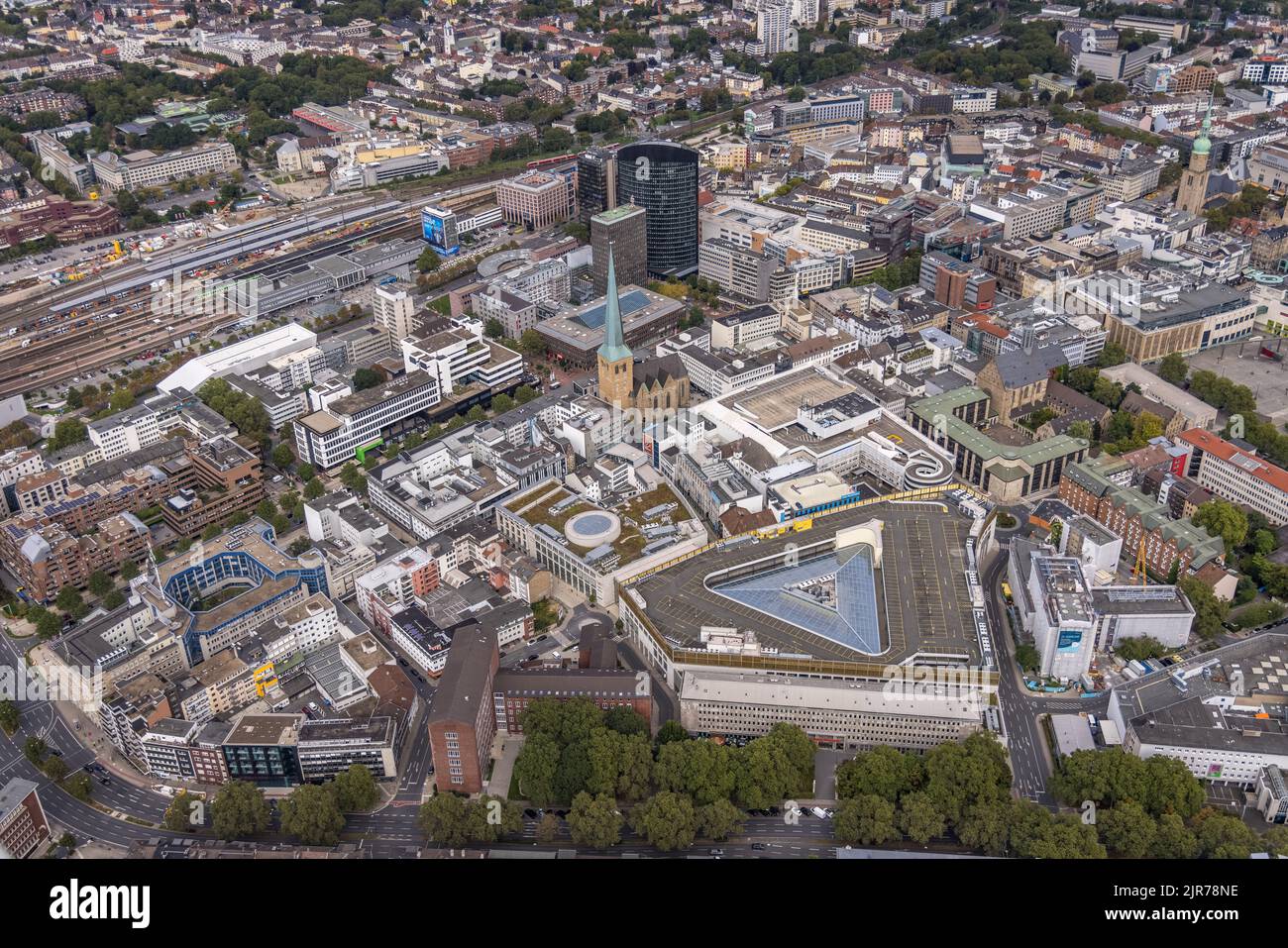 Aerial view, city center with Thier Galerie, evang. city church St. Petri, main station Dortmund and black RWE Tower in the district City in Dortmund, Stock Photo