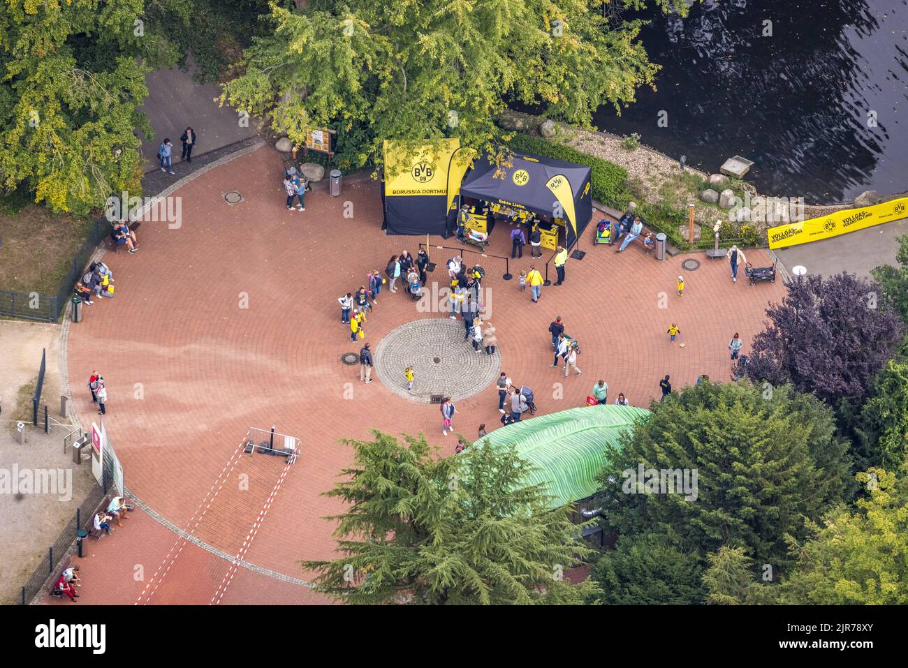 Aerial view, BVB 09 information stand and fans at Flamingo restaurant in Rombergpark in Brünninghausen district of Dortmund, Ruhr area, North Rhine-We Stock Photo
