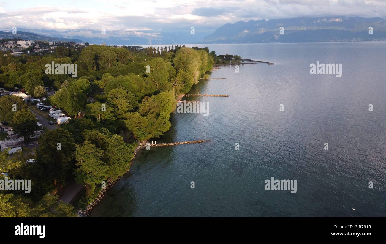 An aerial view of the trees and houses by the coast Stock Photo - Alamy
