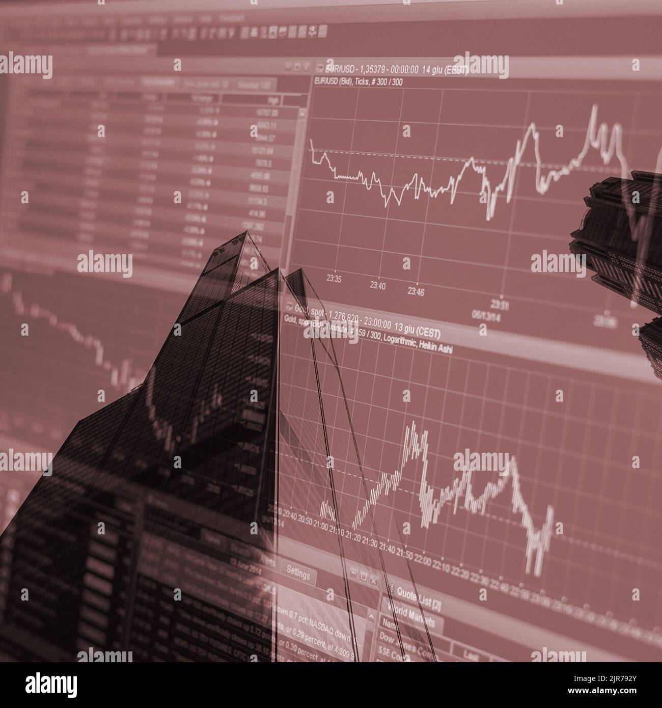 Corporate financial stock exchange business background with merged pictures of offices and a bear stock market crash curve graph chart Stock Photo