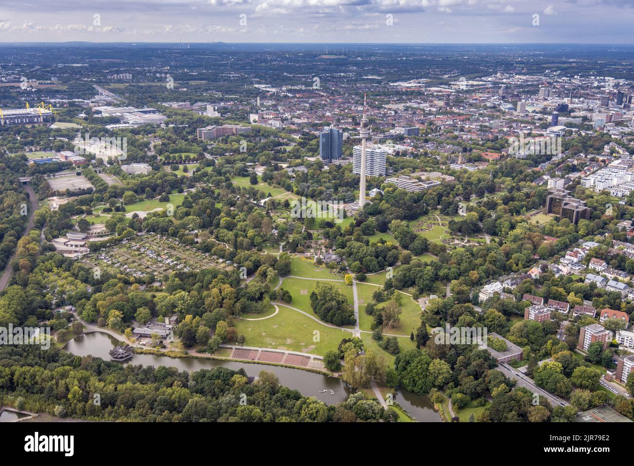 Aerial view, Westfalenpark with Florianturm and allotment garden club