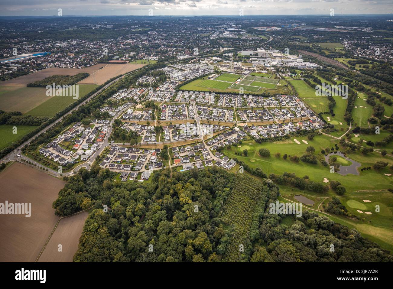 Aerial view, single family house housing estate Brackeler Feld and BVB Borussia Dortmund training ground in Brackel district in Dortmund, Ruhr area, N Stock Photo