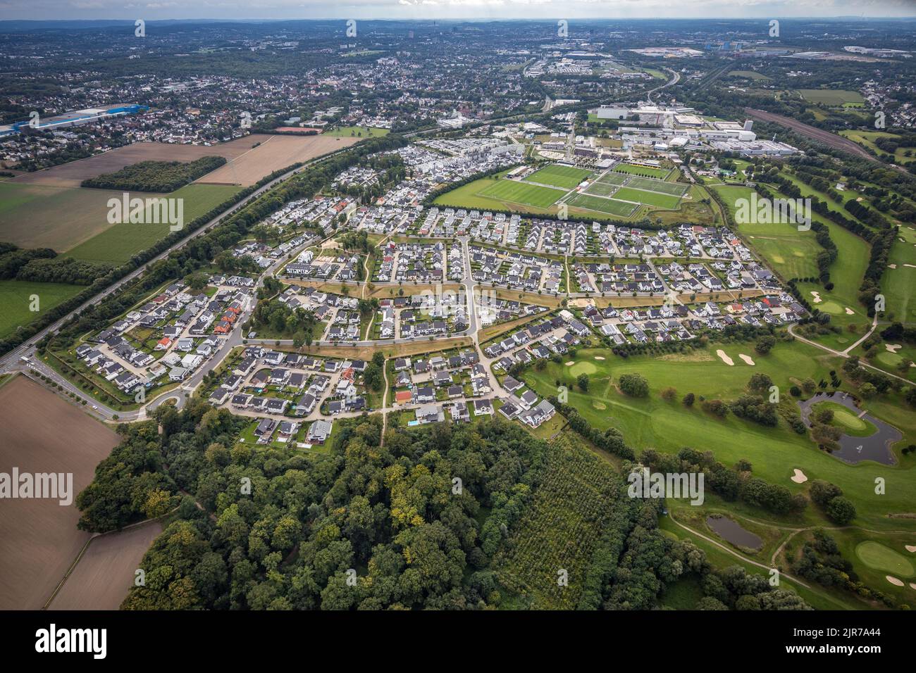Aerial view, single family house housing estate Brackeler Feld and BVB Borussia Dortmund training ground in Brackel district in Dortmund, Ruhr area, N Stock Photo