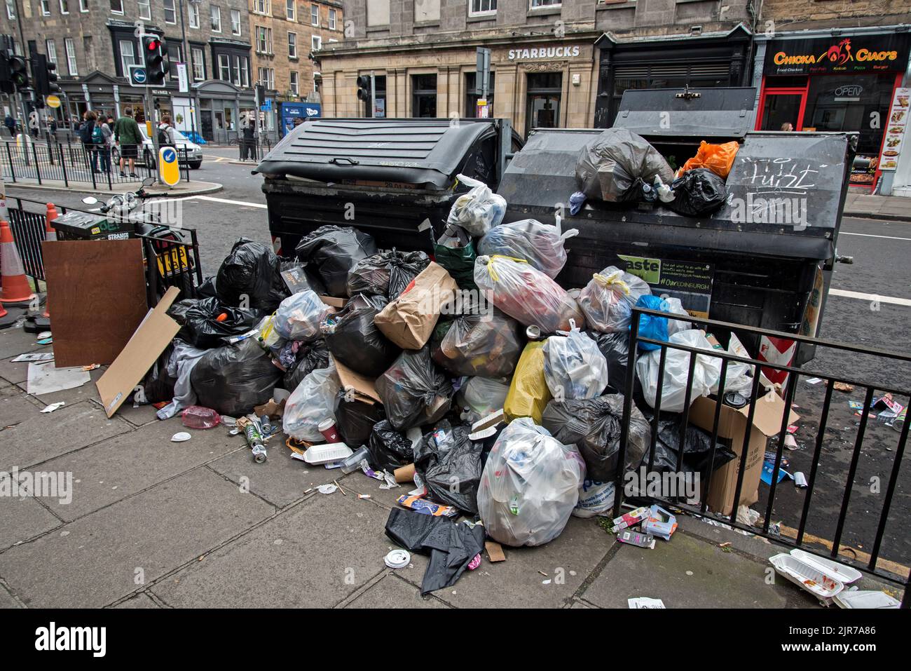 Rubbish bins overflowing in Bread Street due to industrial action by