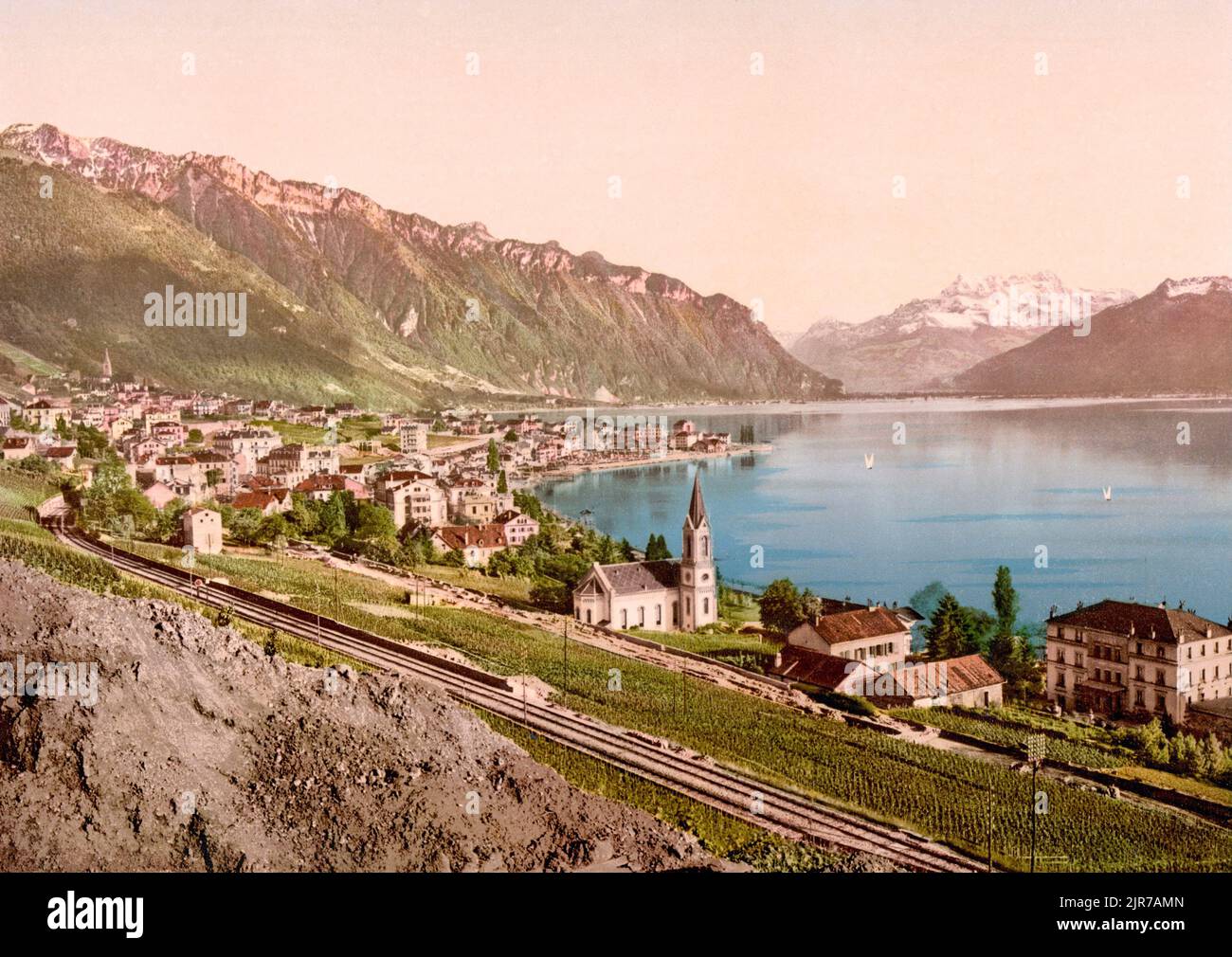 Montreux and Lake Geneva, Vaud, Switzerland 1890.. Stock Photo
