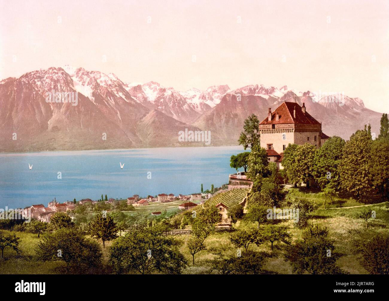 Montreux, Château Du Châtelard and Lake Geneva, Vaud, Switzerland 1890. Stock Photo