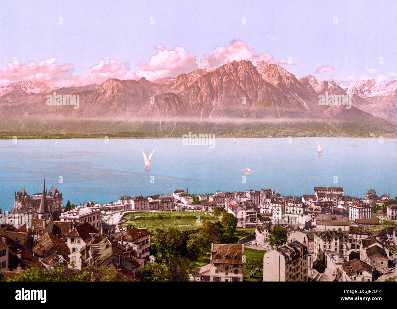 Montreux, Savoy Mountains and Lake Geneva, Vaud, Switzerland 1890. Stock Photo