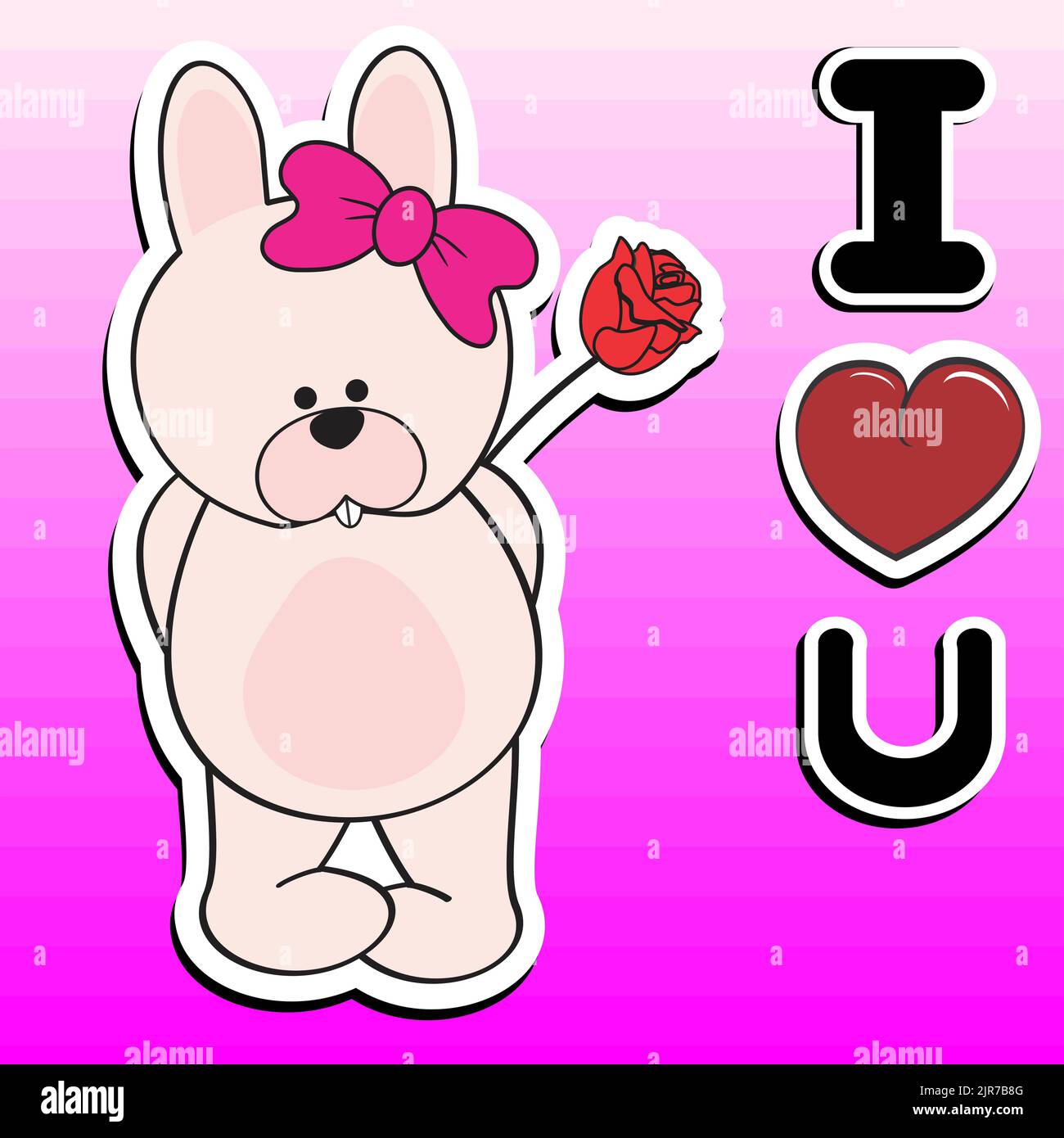 cute standing bunny girl sticker cartoon holding red rose love ...