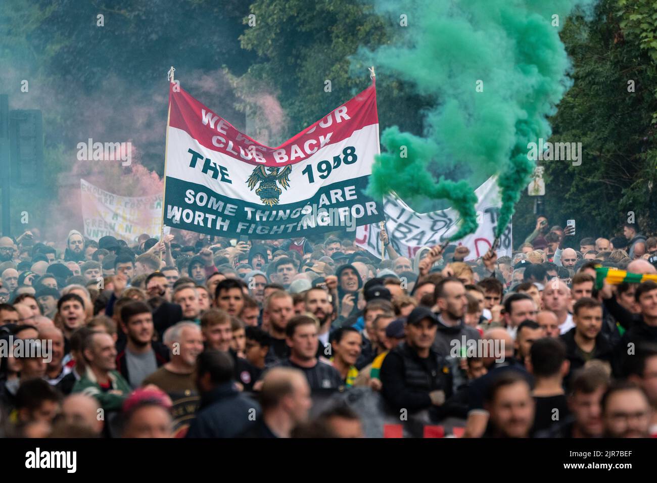 Manchester, UK. 22nd Aug, 2022. Man Utd fans protest ahead of Liverpool ...