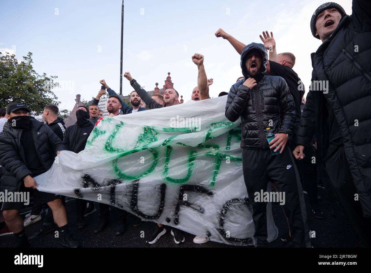 Manchester, UK. 22nd Aug, 2022. Man Utd fans protest ahead of Liverpool ...