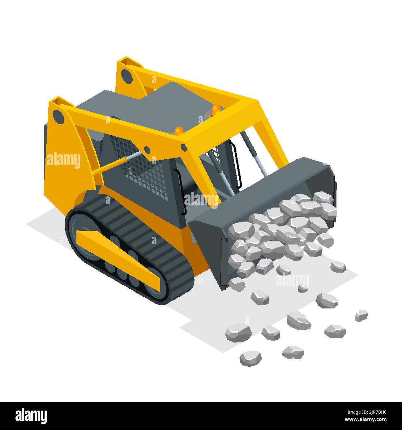 Isometric Compact Excavators. Yellow Skid Steer Loader. Stock Vector