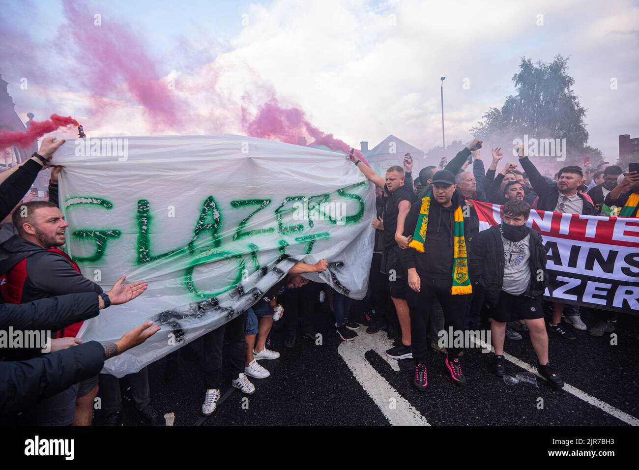 Manchester, UK. 22nd Aug, 2022. Man Utd fans protest ahead of Liverpool ...