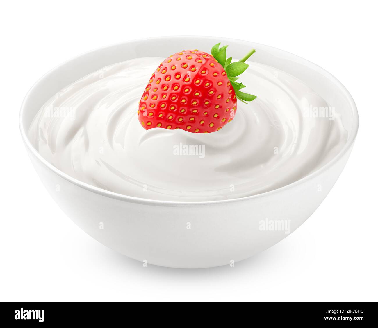 strawberry with sour cream, yogurt, isolated on white background, clipping path, full depth of
