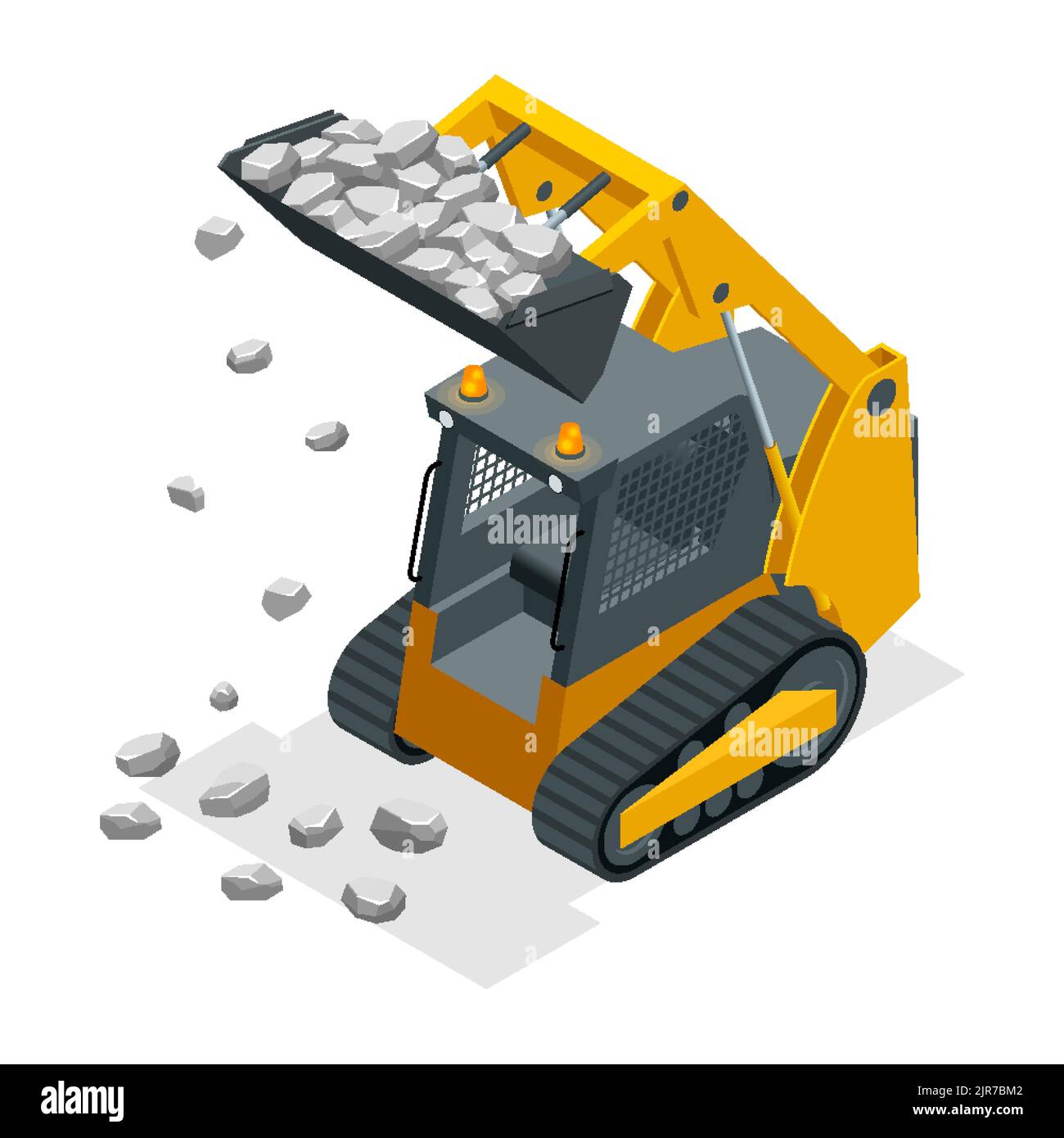 Isometric Compact Excavators. Yellow Skid Steer Loader Stock Vector