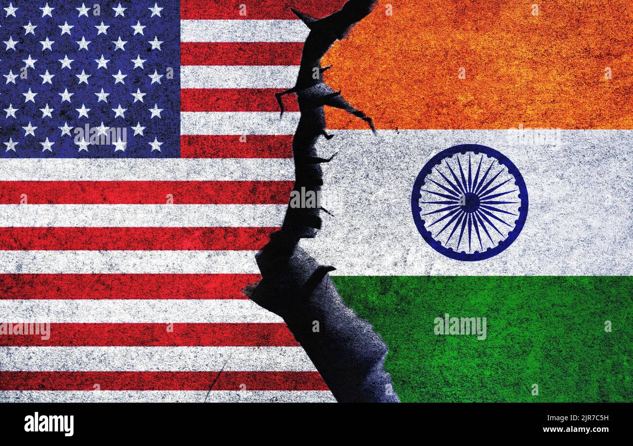 India vs USA concept flags on a wall with a crack. United States of