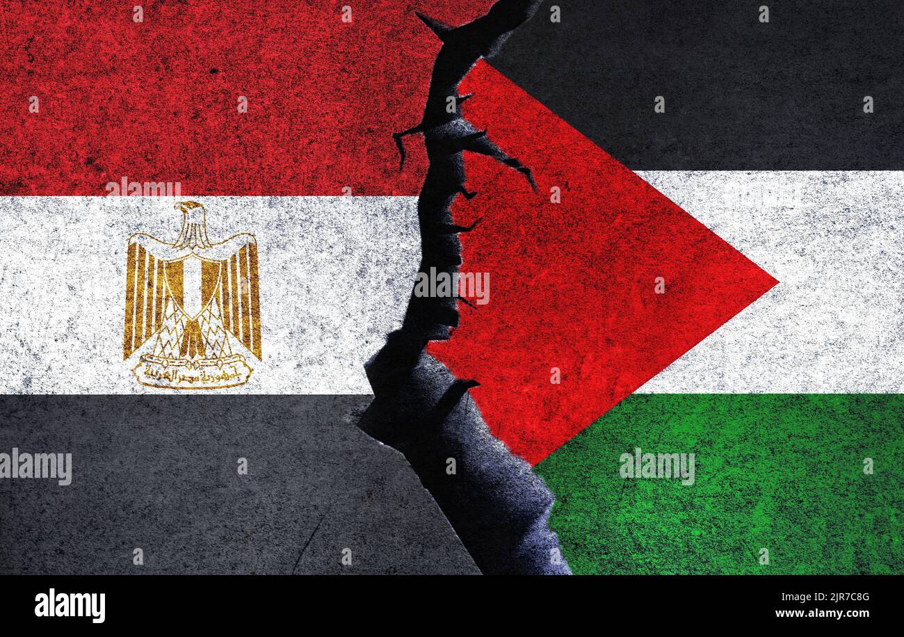 Palestine vs Egypt concept flags on a wall with a crack. Egypt and